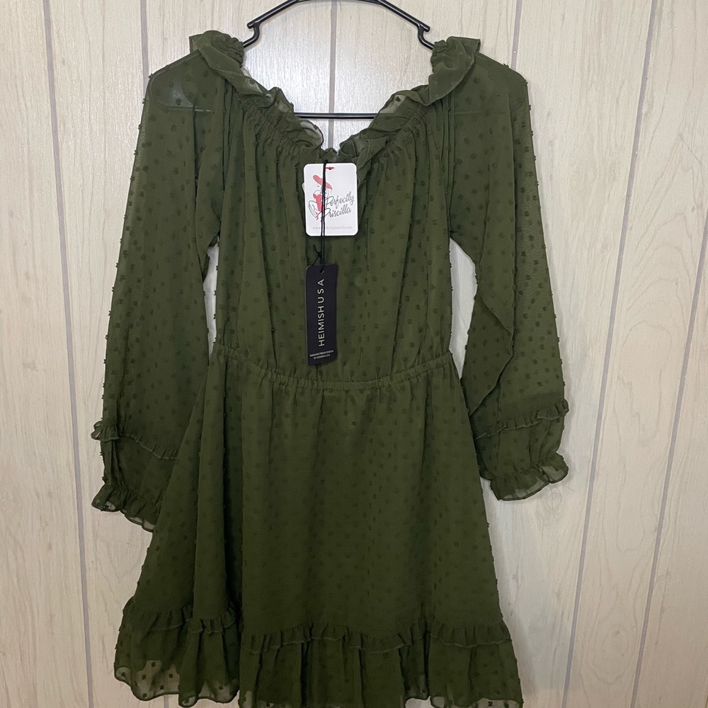 Olive Green Polka Dot Ruffle Dress